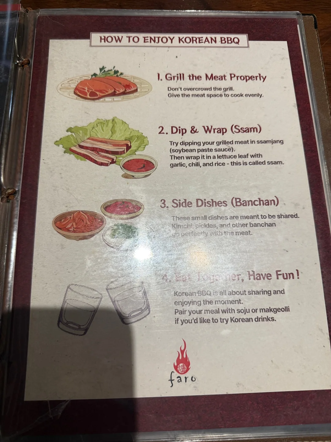 Faro 메뉴판의 HOW TO ENJOY KOREAN BBQ 안내. 고기 굽기, 쌈 싸 먹기, 반찬, 함께 먹기 네 가지가 그림과 함께 영어로 적혀 있다
