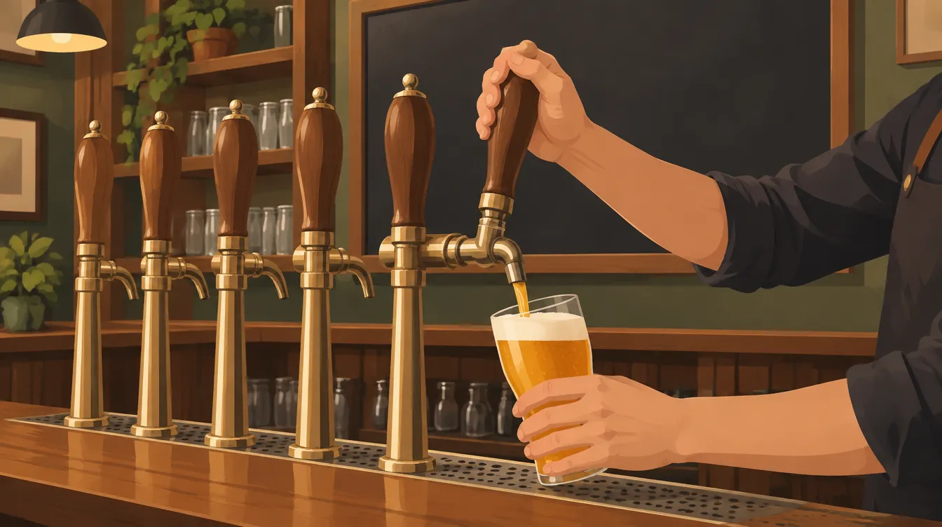 바 카운터에 늘어선 맥주 탭에서 잔에 맥주를 따르는 모습 (AI 생성 일러스트)